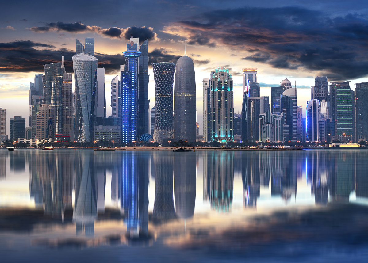 Doha city skyline city center at night, Qatar