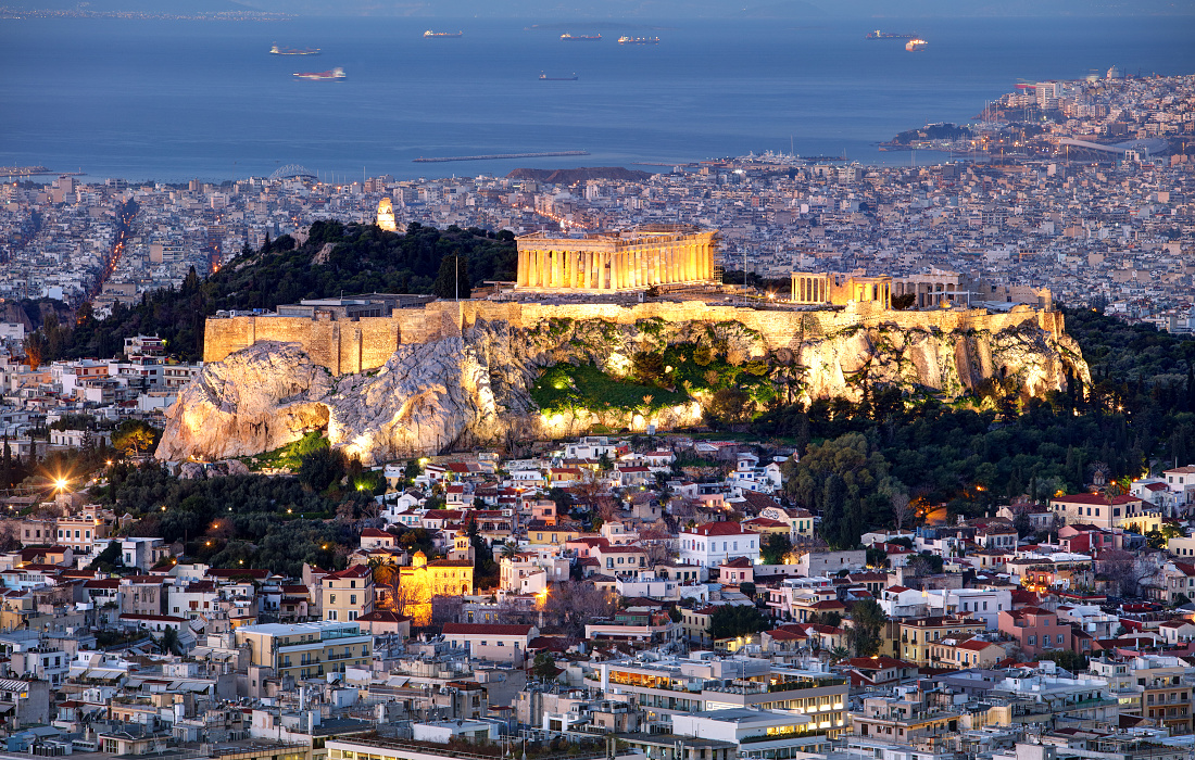 Greece - Athens skyline at night with acropolis