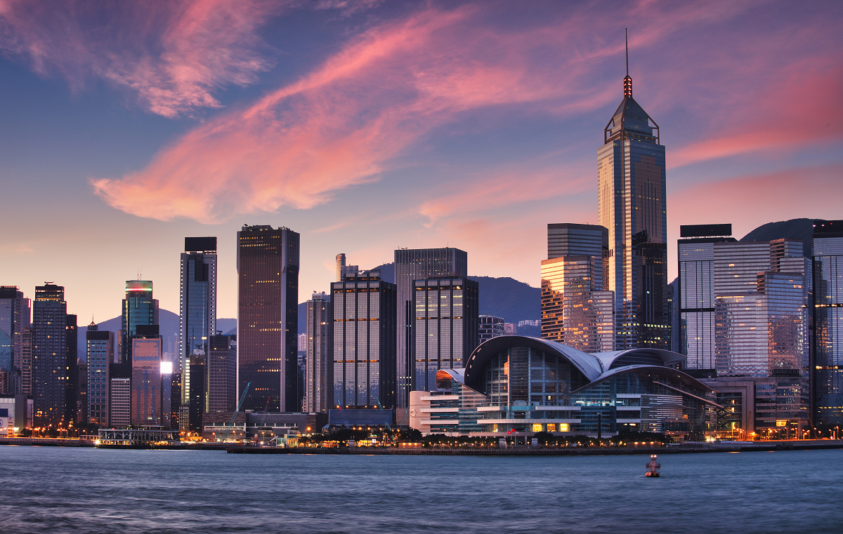 Hong Kong skyscrapers with red sky