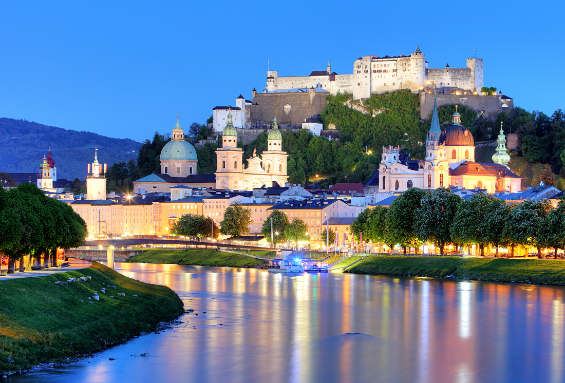 Salzburg skyline at night, Austria