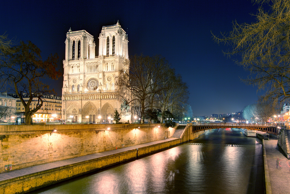 Notre Dame Cathedral at dusk.