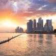 Qatar, Doha skyline at dramatic sunset